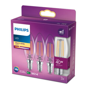 Philips sviečková LED E14 B35 4,3W číra 3ks